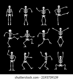 Skeleton dance animated game sprite. Vector set of funny halloween characters in different poses. Cute creepy personage with skeleton dancing, jumping, squatting and playing sequence animation