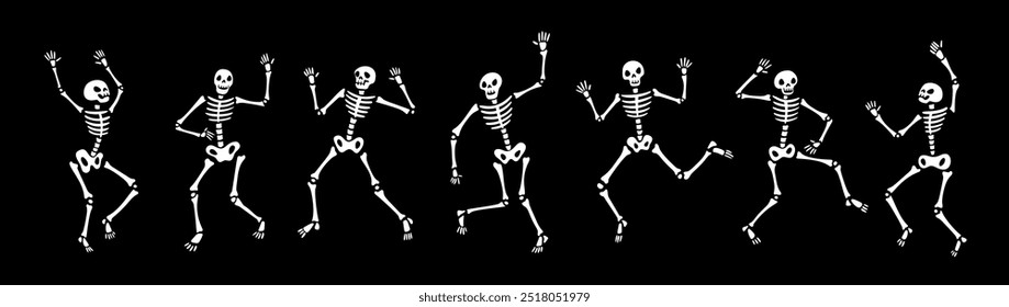 Baile esquelético. Cráneo y huesos divertidos de Halloween. Personajes de muerte espeluznantes en poses dinámicas. Truco o trato de vacaciones. Bailarina de cadáveres. Fiesta de discoteca de monstruos. Cuerpo esquelético