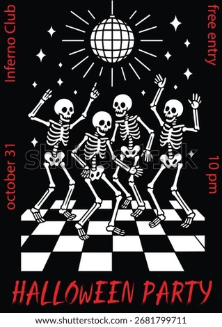 Skeleton Dance Halloween Party Poster perfect for nightclub or holiday event promotions.