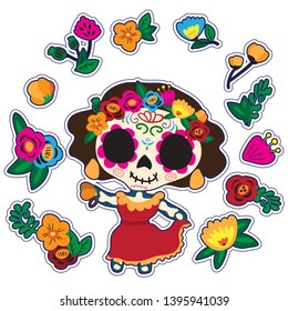 Skeleton dancer in floral wreath. Cartoon sugar skull character. Dia de los muertos or Day of the dead.