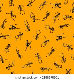 Skeleton dancers, seamless pattern for Halloween gift wrap, textile, background. Orange black design