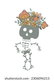 skeleton dances with flowers on its head isolated on a white background. Cute happy skull. Human. Flowers. Dance. Vector illustration.