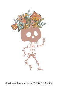 skeleton dances with flowers on its head isolated on a white background. Cute happy skull. Human. Flowers. Dance. Vector illustration.