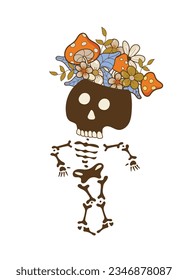 skeleton dances with flowers on its head isolated on a white background. Cute happy skull. Human. Flowers. Dance. Vector illustration.