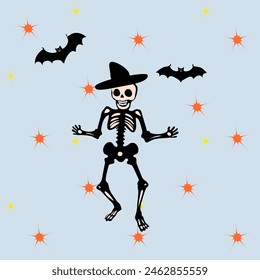 A skeleton is dancing in the air with a hat on and surrounded by bats