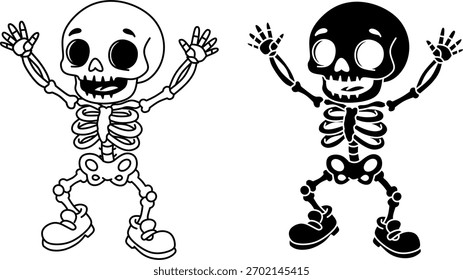 ​ Skelettentanz. Schwarz-Weiß Umriss und Silhouette Halloween Illustration