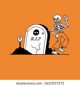 Skeleton Dancing with Peace Sign. Groovy retro hallowen character. Vector illustration.Retro Tombstone with R.I.P. and Hand Emerging. Halloween illustration