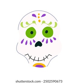 Dibujos animados del cráneo del día muerto del esqueleto. Fiesta de celebración, cultura de Holi, ornamento floral Esqueleto signo del cráneo del día muerto. símbolo aislado Ilustración vectorial