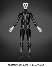 Skeleton or death costume for Halloween party isolated on black background. Character in skinny suit with human bones, and skull mask with empty eyes and sutured mouth Realistic 3d vector illustration