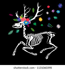 Skeleton of a deer with a wreath of flowers and leaves. A deer among the flowers is isolated on a black background. Print in the Gothic style. illustration for Halloween.