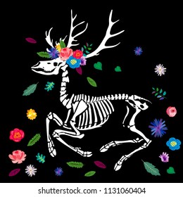 Skeleton of a deer with a wreath of flowers and leaves. A deer among the flowers is isolated on a black background. illustration for Halloween.