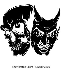skeleton and devil head mascot vector illustration black silhouette