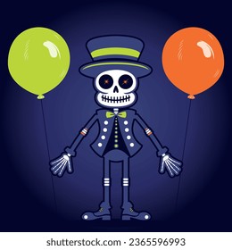 Skeleton Dia de muertos and Halloween in suit and hat. Cute halloween skeleton cartoon. Skeleton in halloween day, green balloon, orange balloon vector. Halloween character balloon Banner.