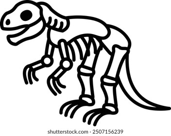 A skeleton of a dinosaur is drawn in black and white. The skeleton is missing its head and is shown in a very stylized way. The image has a somewhat eerie and mysterious mood