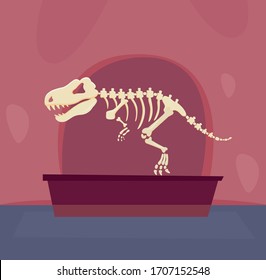 The skeleton of a dinosaur stands in a museum. Dinosaur bones. Stand with dinosaur skeleton. The building of the museum. Stylish flat design. Vector illustration.