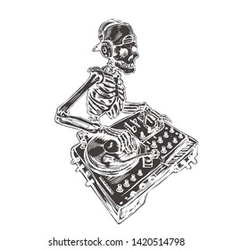 Skeleton DJ Twists Vinyl Disc Stylish Illustration Print For Your T-shirt Vector