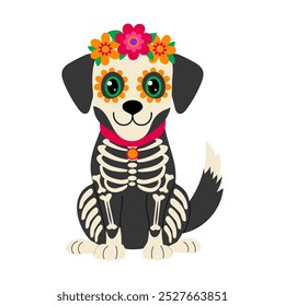 A skeleton dog with a flower crown on its head. The dog is wearing a red collar. The image has a spooky and cute vibe