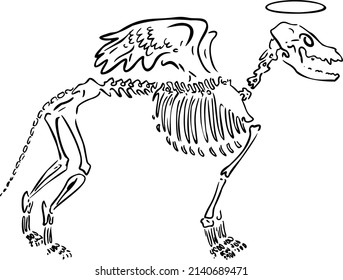 skeleton of a dog with wings and a halo hand draw vector illustration art