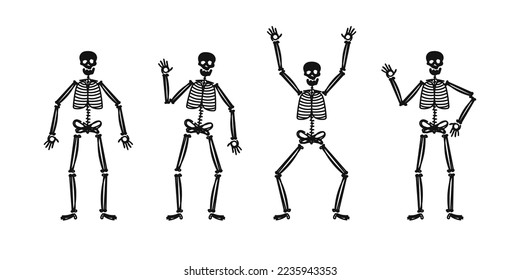 Baile de doodle esqueleto, conjunto de vector de movimiento del cuerpo de saludo. Huesos esqueléticos en forma de dibujos animados.