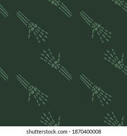 Skeleton doodle hands seamless pattern. Halloween ornament in green dark palette. Graphic design for wrapping paper and fabric textures. Vector Illustration.