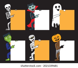 Skeleton, Dracula, Frankenstein, mummy, ghost and pumpkin point their finger at empty blank. Halloween Vector illustration.