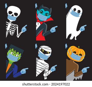 Skeleton, Dracula, Frankenstein, mummy, ghost and pumpkin in mouth mask and gloves peep and point your finger. Halloween COVID-19 and social distancing infographic. Vector illustration.