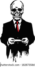 a skeleton dressed as a business man