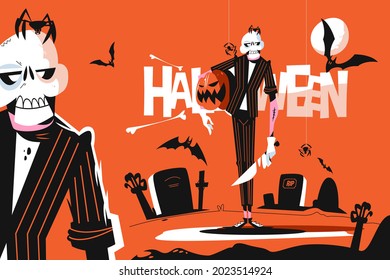 Skeleton dressed in costume vector illustration. Horror character with pumpkin. Dark scary cemetery place flat style. Bat and spider. Happy halloween concept. Isolated on orange background