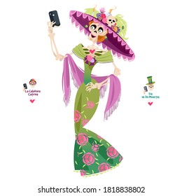 Skeleton dressed in a holiday clothes takes a selfie. La Calavera Catrina. Dia de Muertos (Day of the Dead). Vector illustration