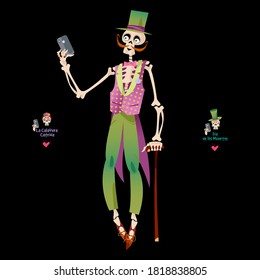 Skeleton dressed in a holiday clothes takes a selfie. Dia de Muertos (Day of the Dead). Vector illustration