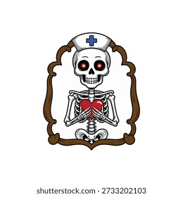 Um esqueleto vestido de enfermeira vestindo um boné com um emblema de cruz azul e segurando um coração vermelho.