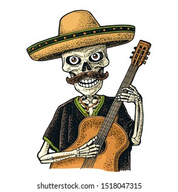 Skeleton dressed in the poncho, sombrero playing the guitar. Vector hand drawn color vintage engraving for poster Day of the Dead, Dia de los Muertos. Isolated on white