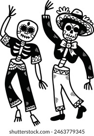 A skeleton dressed in a sombrero and pants is dancing. The skeleton is wearing a black and white outfit