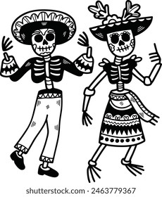 A skeleton dressed in a sombrero and pants is dancing. The skeleton is wearing a black and white outfit
