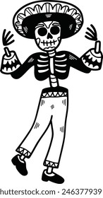 A skeleton dressed in a sombrero and pants is dancing. The skeleton is wearing a black and white outfit