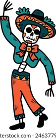 A skeleton dressed in a sombrero and pants is dancing. The skeleton is wearing a black and white outfit