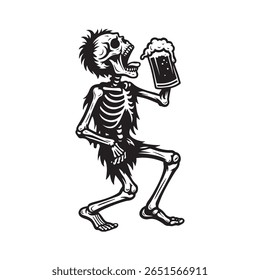 Esqueleto Bebendo Cerveja, Esqueleto Engraçado Segurando caneca, Retro Halloween Esqueleto Ilustração