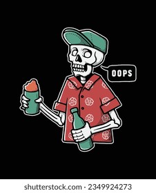 Skeleton Drinking Beer Hand Drawn Vector Illustration. Design element for shirt design, logo, sign, poster, banner, card