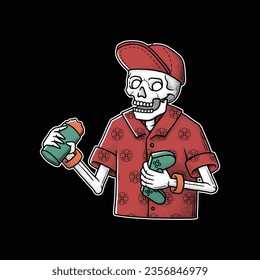 Skeleton drinking beer and holding a game controller vector illustration. Design element for shirt design, logo, sign, poster, banner, card