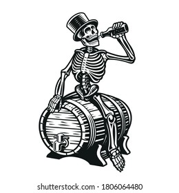 A skeleton is drinking a bottle of beer sitting on a barrel. Black and white vector illustration for beer theme.