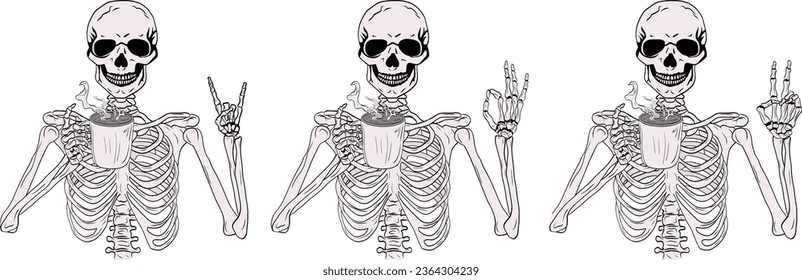 Skeleton Drinking Coffee Halloween with difference hand: ok hand, peace hand, rock hand. Skeleton holding a coffee cup