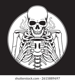 SKELETON DRINKING HOT COFFEE FROM A MUG WHITE BLACK BACKGROUND