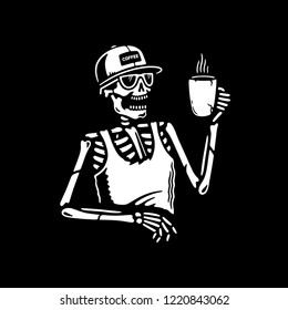 SKELETON DRINKS COFFEE ON BLACK BACKGROUND