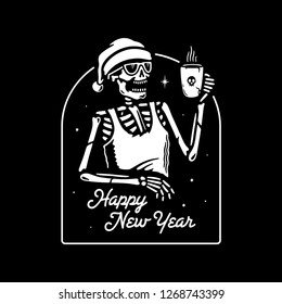 SKELETON DRINKS MULLED WINE BADGE WHITE BLACK BACKGROUND