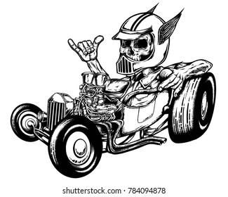 Skeleton Driving Hotrod Hand Drawn BW