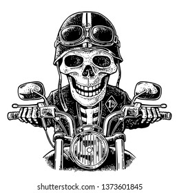 Skeleton driving a motorcycle rides.  Vector hand drawn vintage engraving for poster. Isolated on white background.