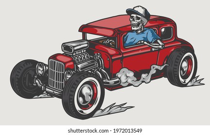 Skeleton driving red hot rod in vintage style isolated vector illustration