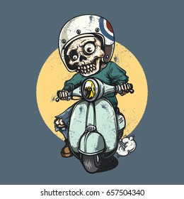 skeleton driving a vintage scooter