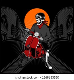 skeleton driving a vintage scooter - Vector