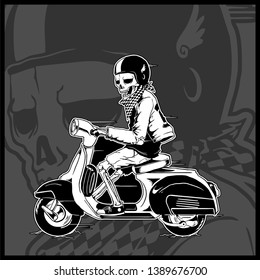 skeleton driving a vintage scooter - Vector